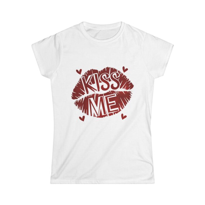 Kiss Me Women's Valentine's Day T-Shirt - Romantic Lip Print Graphic Tee with Heart Accents - Image 2