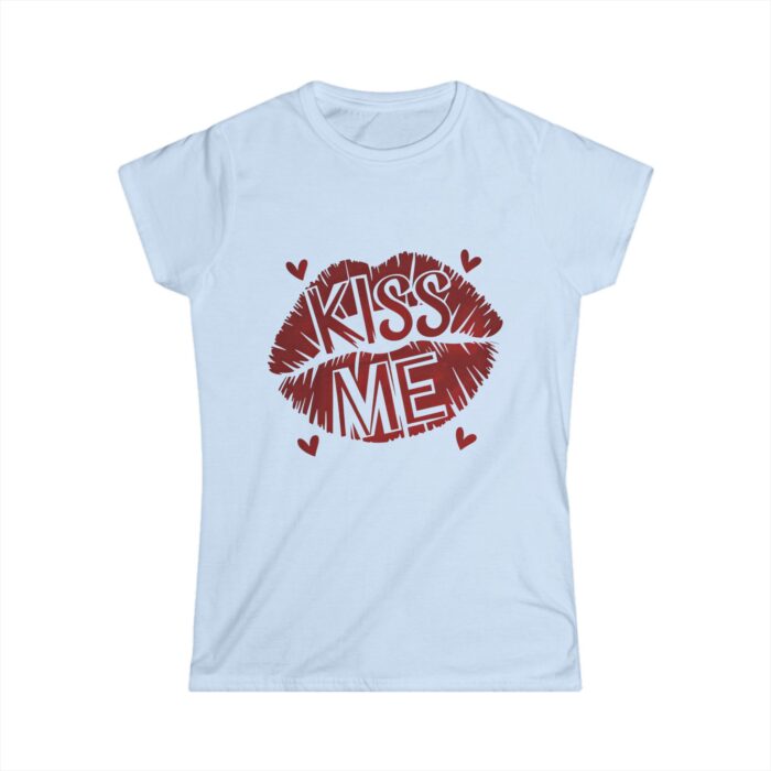 Kiss Me Women's Valentine's Day T-Shirt - Romantic Lip Print Graphic Tee with Heart Accents - Image 3