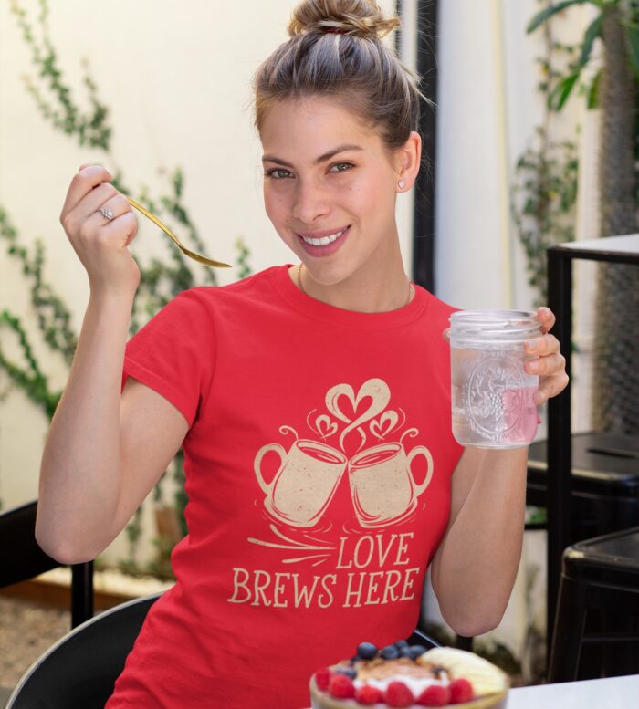 Love Brews Here Women's T-Shirt | Rustic Coffee Lovers Shirt | Romantic Valentine's Gift Tee