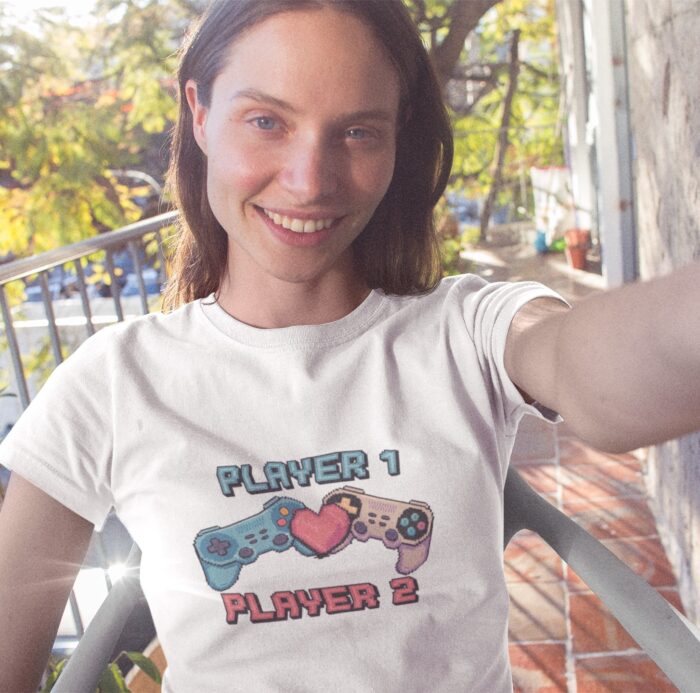 Player 1 Player 2 T-Shirt | Pixel Art Gamer Women's Shirt | Gaming Valentine's Day Gift Tee